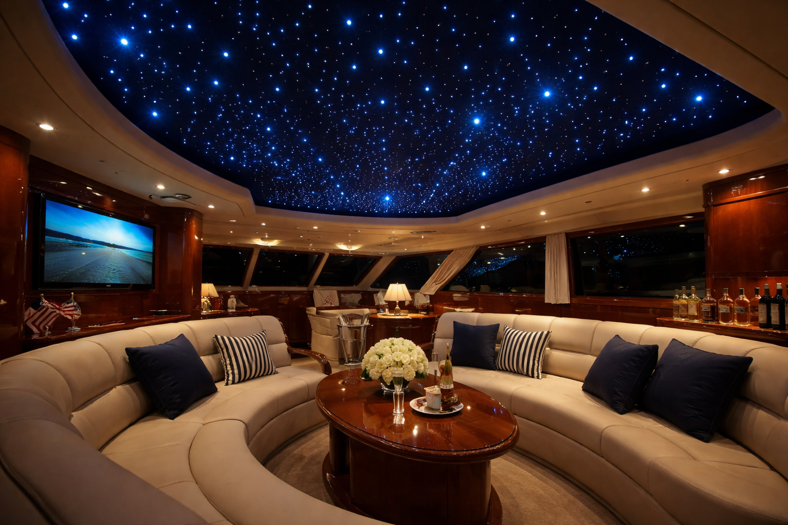 Luxurious yacht interior with starlight headliner